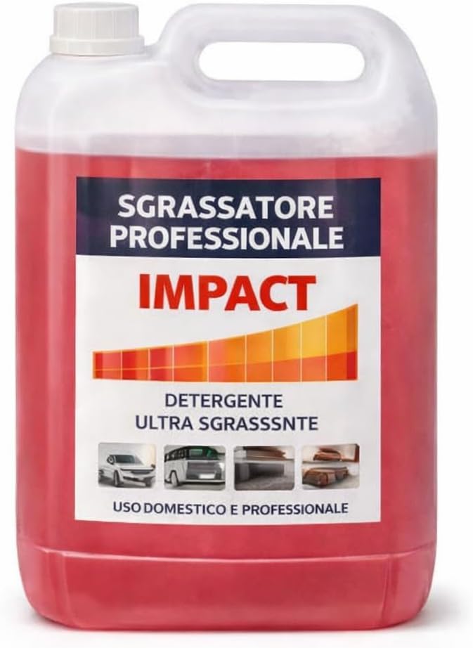 Sgrassatore Professionale Impact 5 Litri Concentrato – Detergente Alcalino per Cucina, Pietra e Piastrelle – Efficace con Acque Dure – Profumo Agrumi – Prodotto Corrosivo - Lemag srl