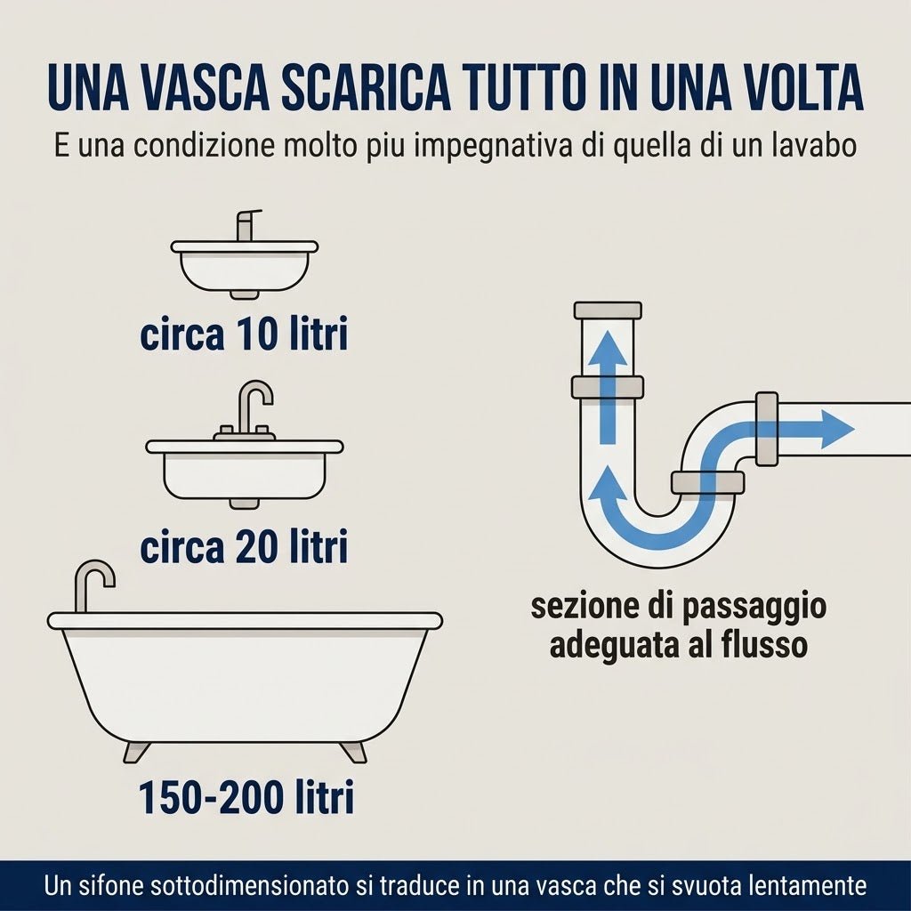 Grafico che mostra l'importanza di un sifone vasca ribassato con sezione adeguata per lo scarico di grandi volumi d'acqua.