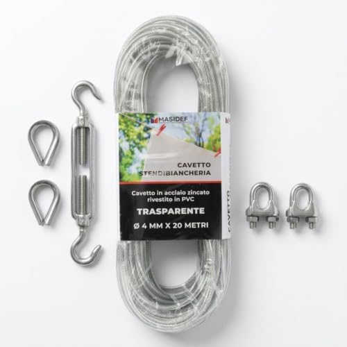 Filo Stendibiancheria Acciaio Rivestito PVC 4 mm × 20 m – Carico Rottura 250 kg – Kit con 2 Tenditori, 2 Redance, 2 Morsetti - Lemag srl