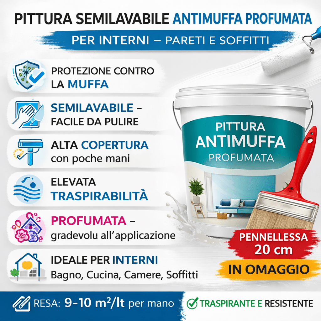 Pittura Semilavabile Antimuffa Profumata per Interni 4L / 14L – Alta Copertura e Traspirante + Pennellessa 20 cm in Omaggio - Lemag srl