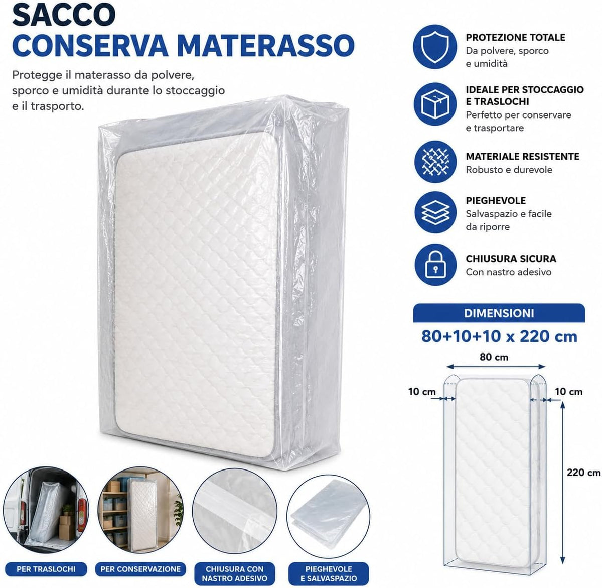 Sacco Conserva Materasso 80x220 cm con Soffietto 10+10 cm Custodia Protettiva Salvaspazio Trasloco - Lemag srl