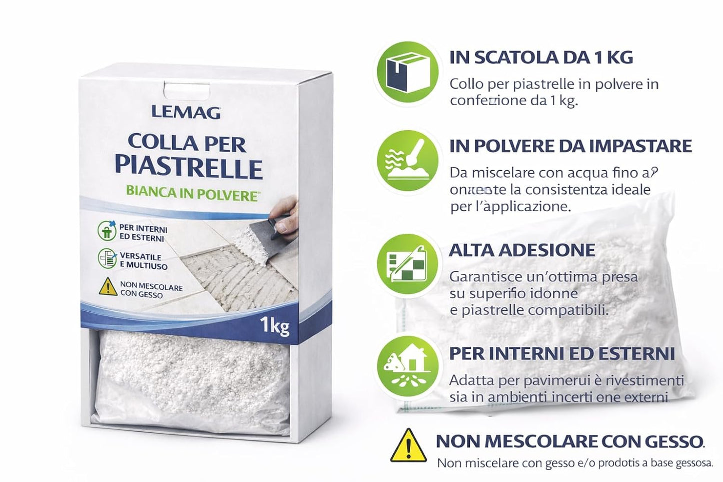 Colla per Piastrelle Bianca in Polvere 1 Kg – Alta Adesione per Pavimenti e Rivestimenti Interni/Esterni – Lemag SRL - Lemag srl