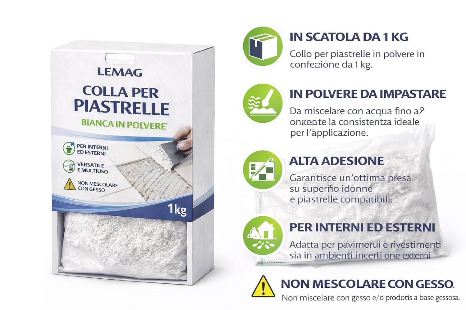 Colla per Piastrelle Bianca in Polvere 1 Kg – Alta Adesione per Pavimenti e Rivestimenti Interni/Esterni – Lemag SRL - Lemag srl