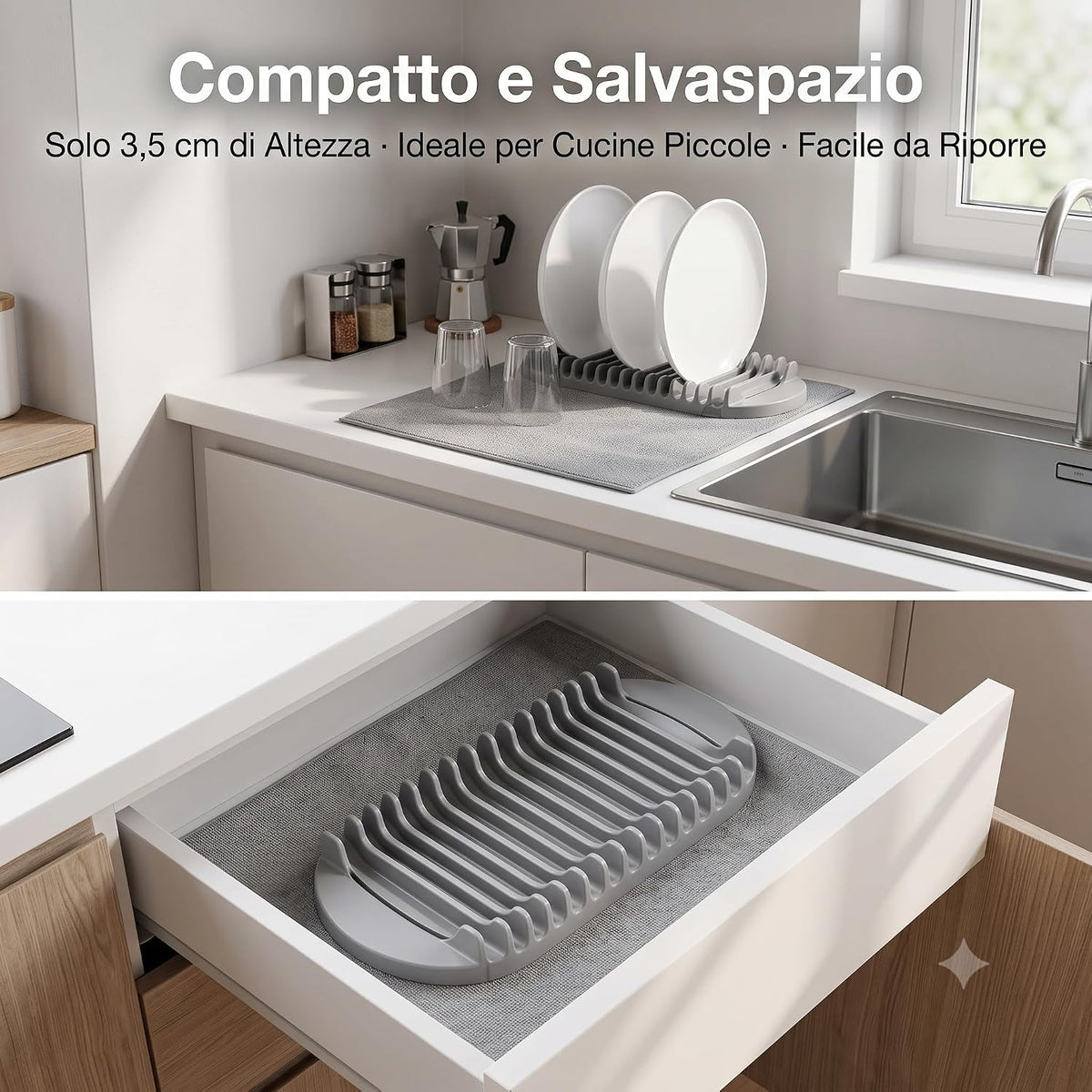 Scolapiatti con tappetino in microfibra grigio compatto e salvaspazio, ideale per cucina e facile da riporre in un cassetto.