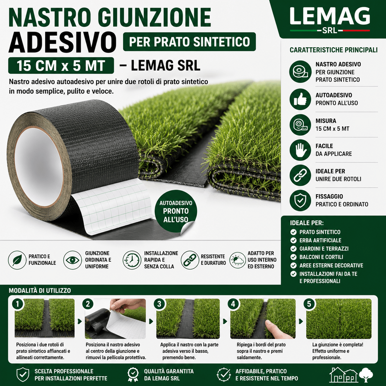 Nastro Giunzione Adesivo per Prato Sintetico 15 cm x 5 m Autoadesivo per Unire Rotoli Erba Sintetica Tappeto Verde - Lemag srl