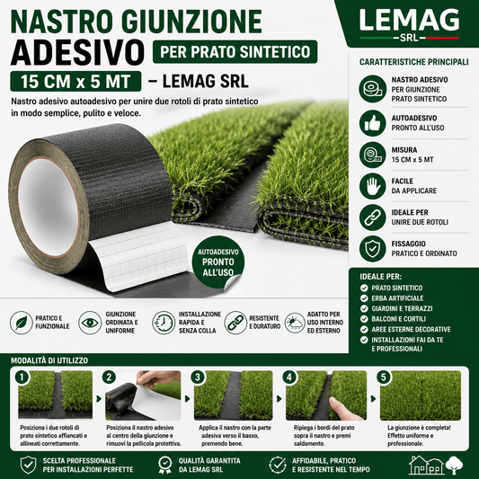 Nastro Giunzione Adesivo per Prato Sintetico 15 cm x 5 m Autoadesivo per Unire Rotoli Erba Sintetica Tappeto Verde - Lemag srl