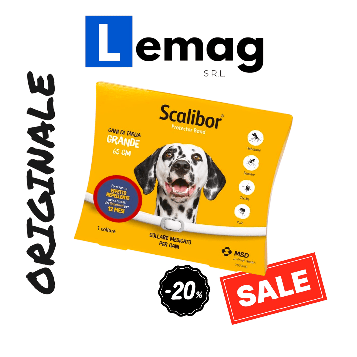 Confezione originale di collare Scalibor cani grandi da 65 cm in offerta con sconto del 20% per proteggere il cane da pappataci.