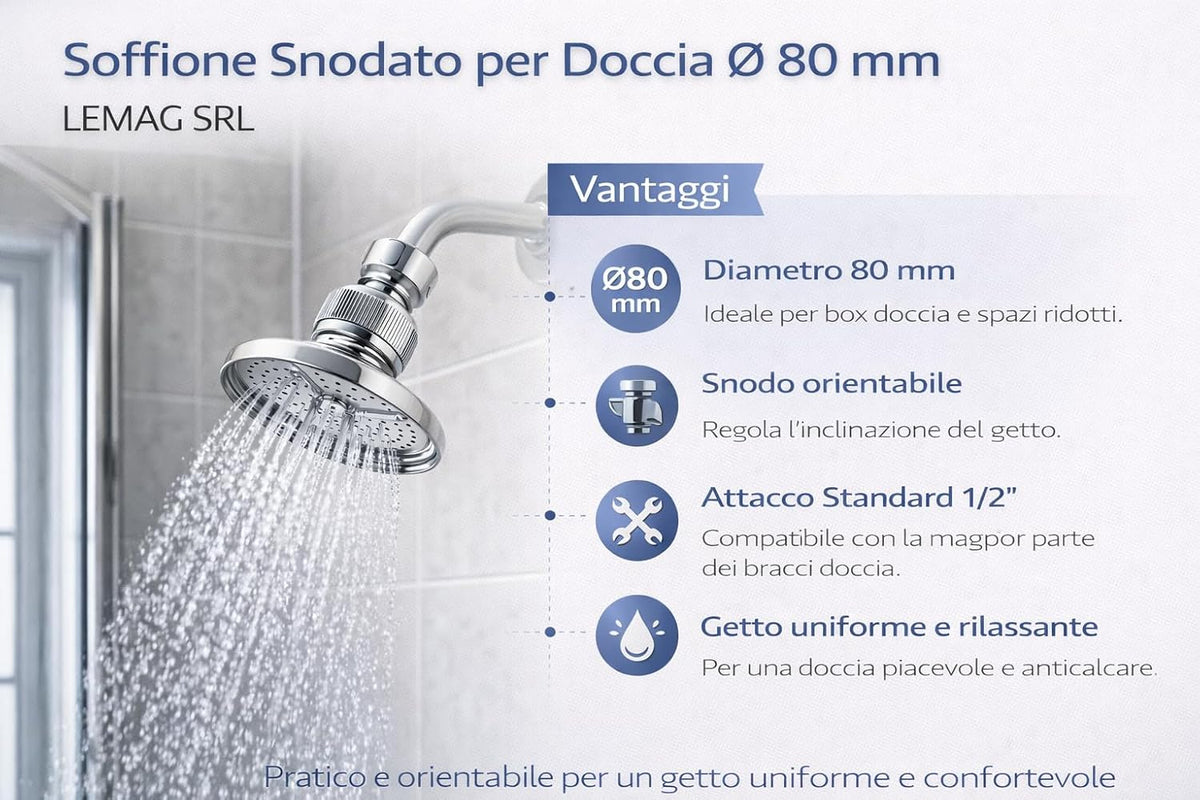 Soffione Snodato per Doccia Ø 80 mm – Testina Orientabile con Attacco Standard Universale, Getto Uniforme Anticalcare, Ideale per Box e Vasca - Lemag srl