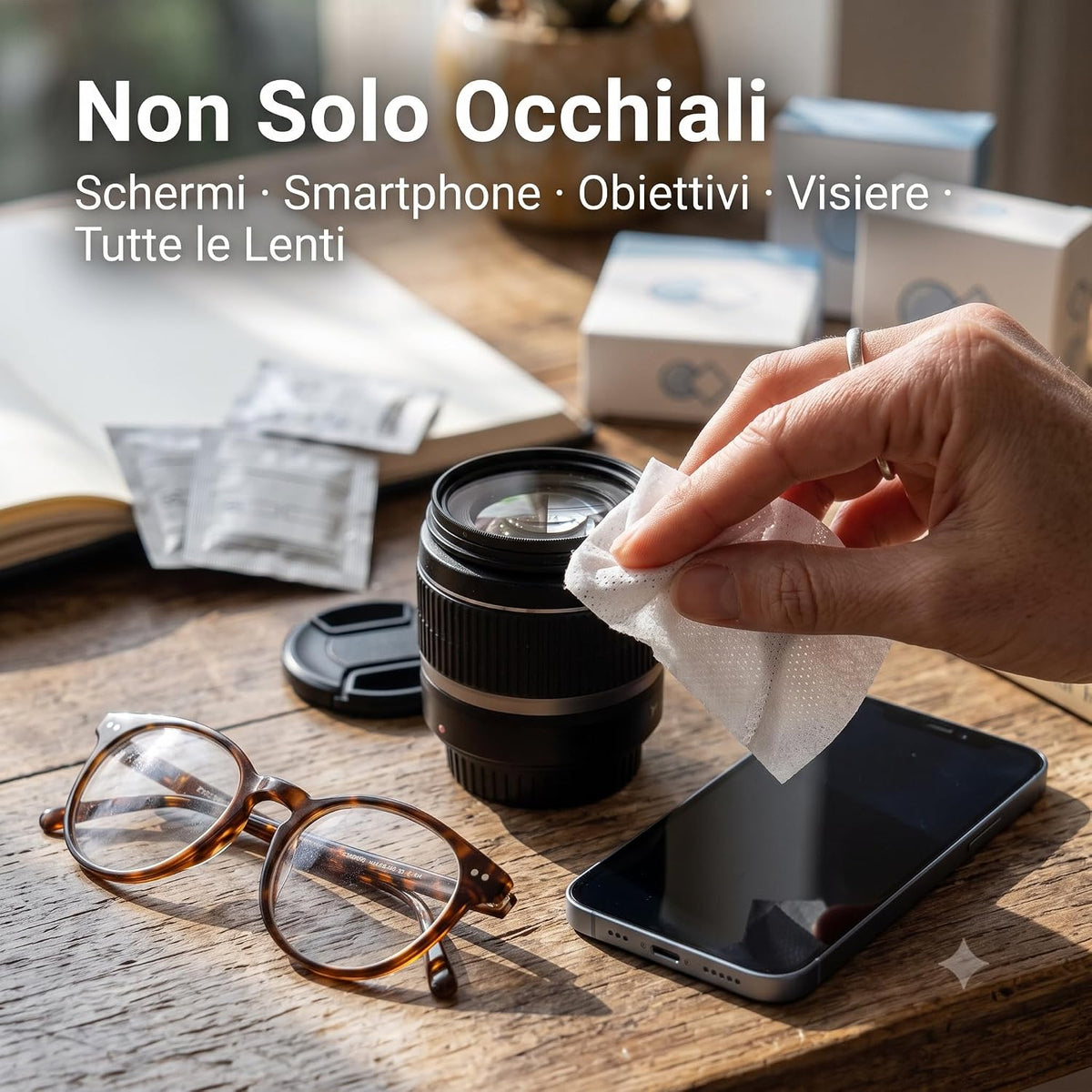 Pulizia di obiettivi, smartphone e lenti con salviette umidificate per occhiali, efficaci e delicate contro sporco e aloni.