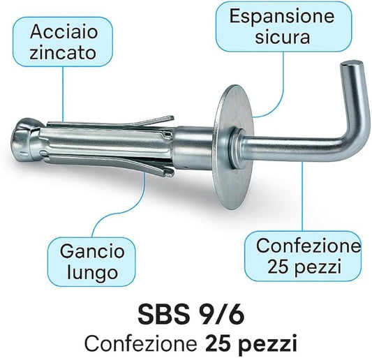 5x Tasselli Metallici SBS 9/6 con Gancio Lungo – Acciaio Zincato – Lemag SRL - Lemag srl