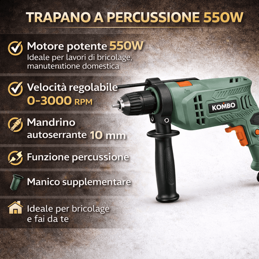 Trapano a Percussione Elettrico 550W – Mandrino Autoserrante 10mm – 0 - 3000 RPM – Foratura Legno 32mm - Lemag srl