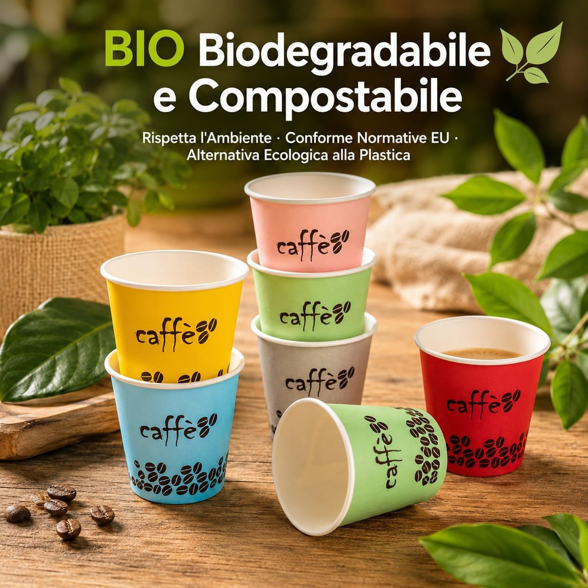 Bicchieri caffè biodegradabili e compostabili colorati in formato espresso su un tavolo in legno.