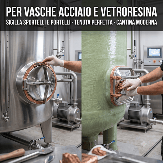 Uso del mastice enologico per sigillare ermeticamente sportelli di vasche in acciaio e vetroresina in cantina.