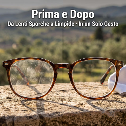 Prima e dopo l'efficacia delle salviette umidificate per occhiali su lenti da sporche con impronte a perfettamente pulite e limpide.