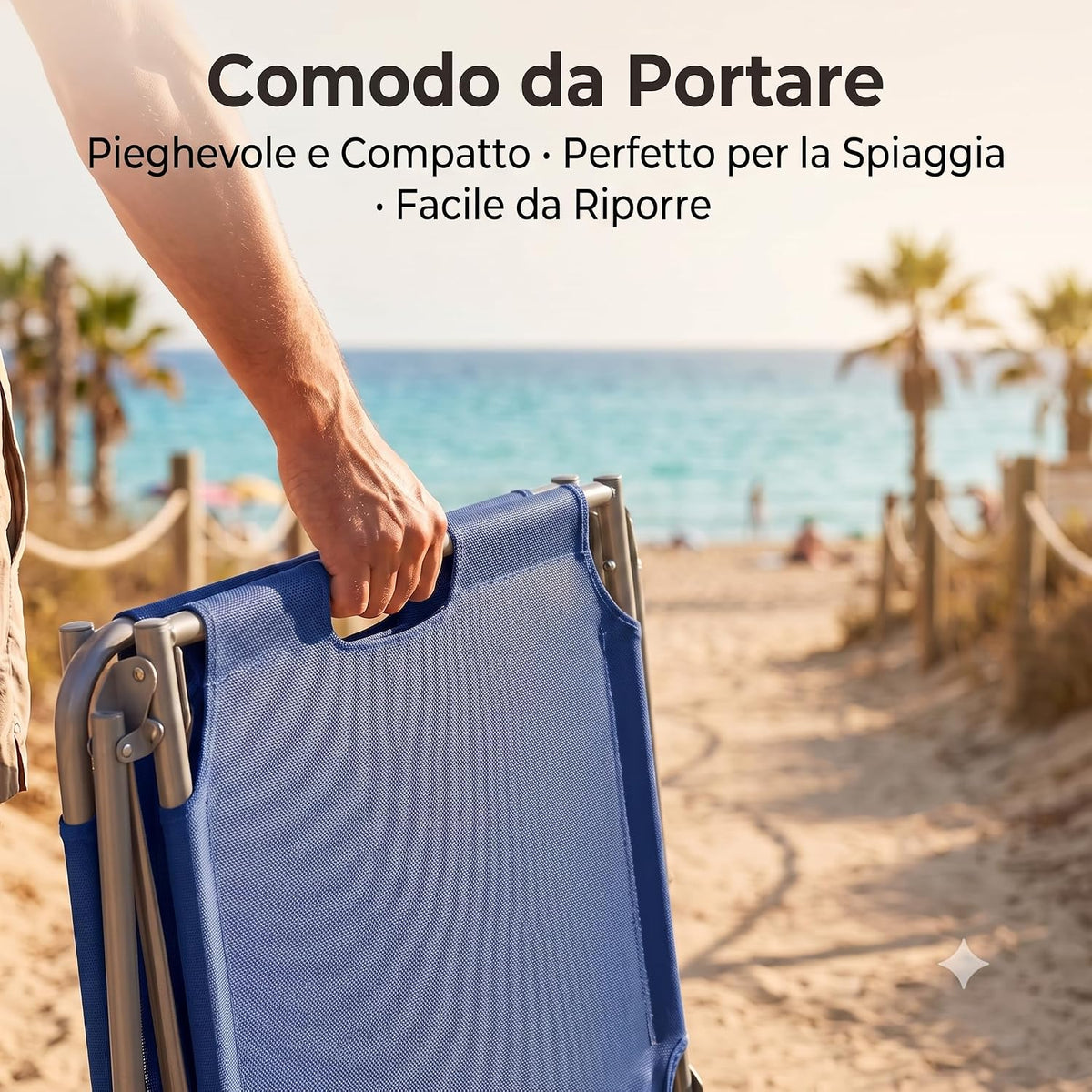 Set di lettini da mare con parasole pieghevoli in textilene blu, comodi da trasportare in spiaggia.