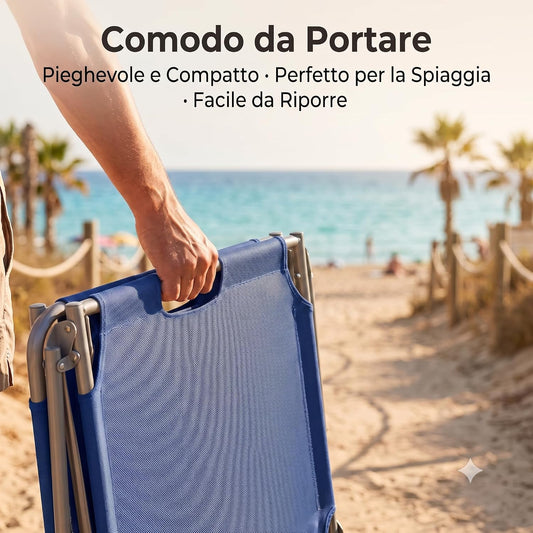 Set di lettini da mare con parasole pieghevoli in textilene blu, comodi da trasportare in spiaggia.