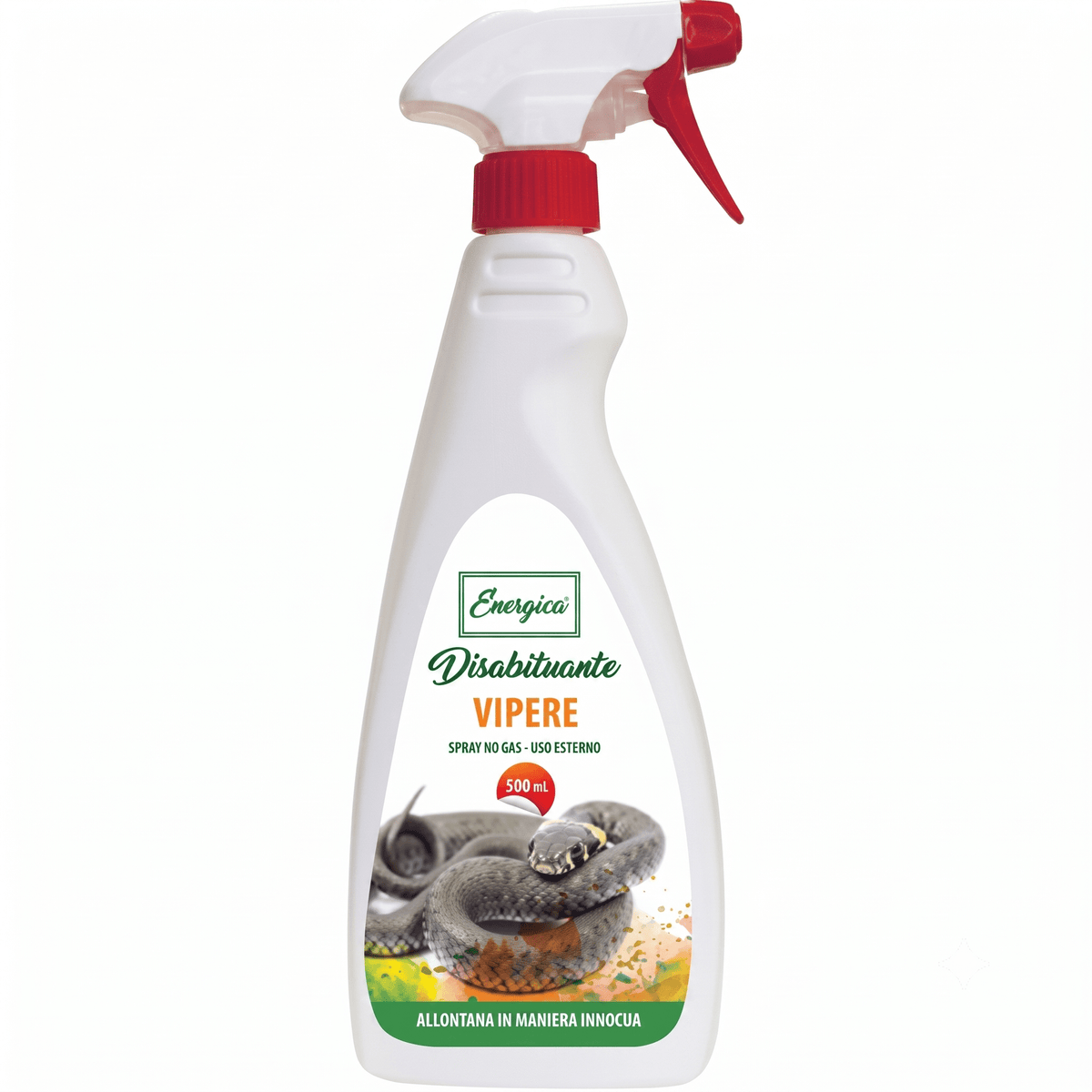 Flacone di disabituante vipere spray Energica da 500 ml per allontanare serpenti e rettili in modo naturale da giardino e terrazzi.