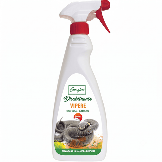 Flacone di repellente vipere spray Energica da 500 ml per allontanare serpenti da casa e giardino.
