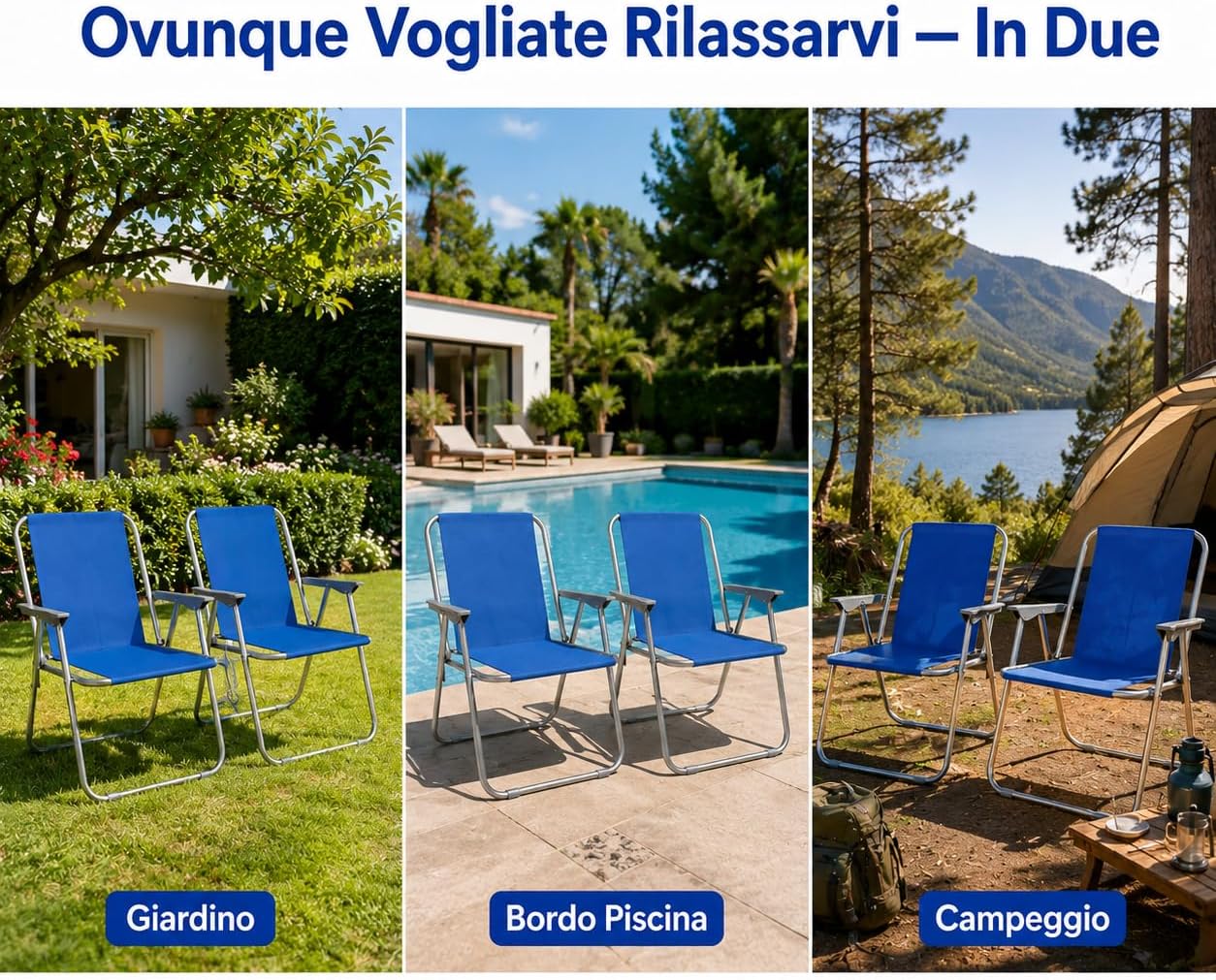 Set 2 Sedie Relax Blu 52x46x74cm – Struttura Acciaio e Poliestere | Sedia Pieghevole da Giardino Terrazzo Spiaggia | Resistente e Leggera | Coppia | Made in Italy - Lemag srl