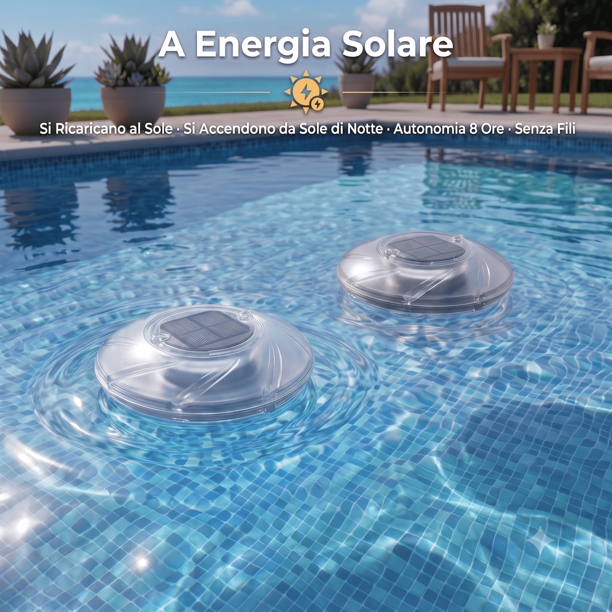 Set di due lampade solari galleggianti piscina ad energia solare per illuminazione automatica.