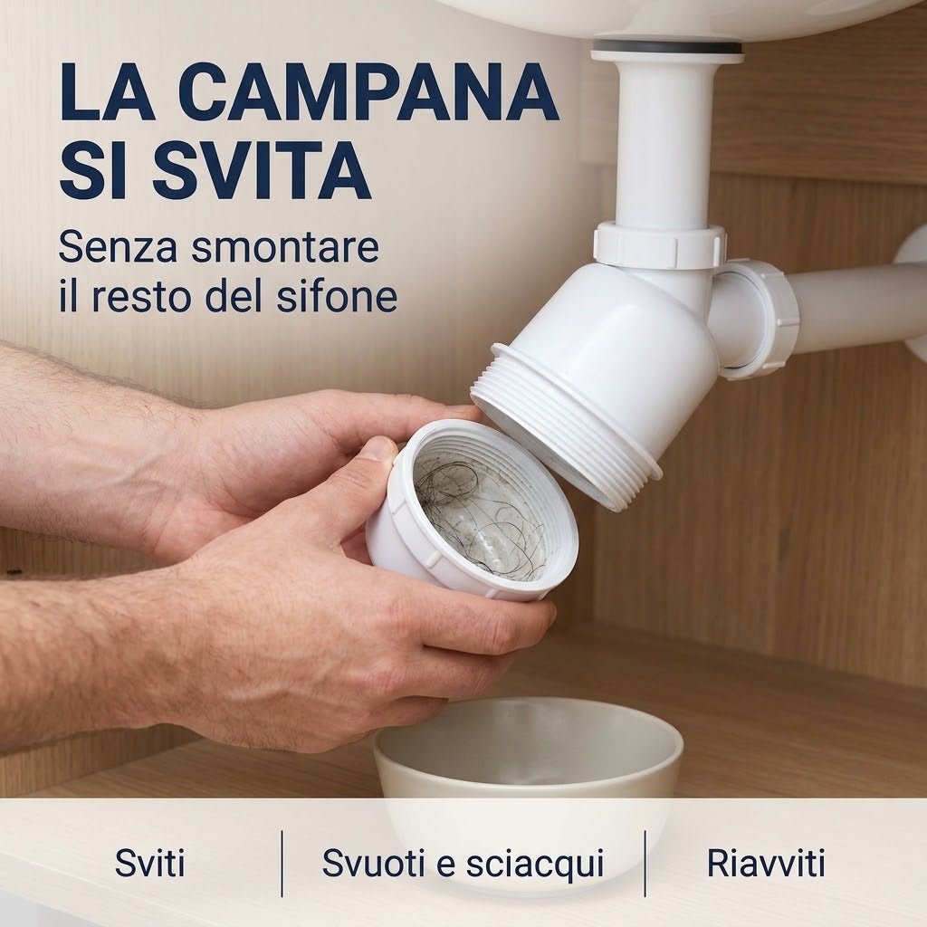 Pulizia della campana del sifone eccentrico lavabo per rimuovere capelli e residui senza smontare lo scarico.