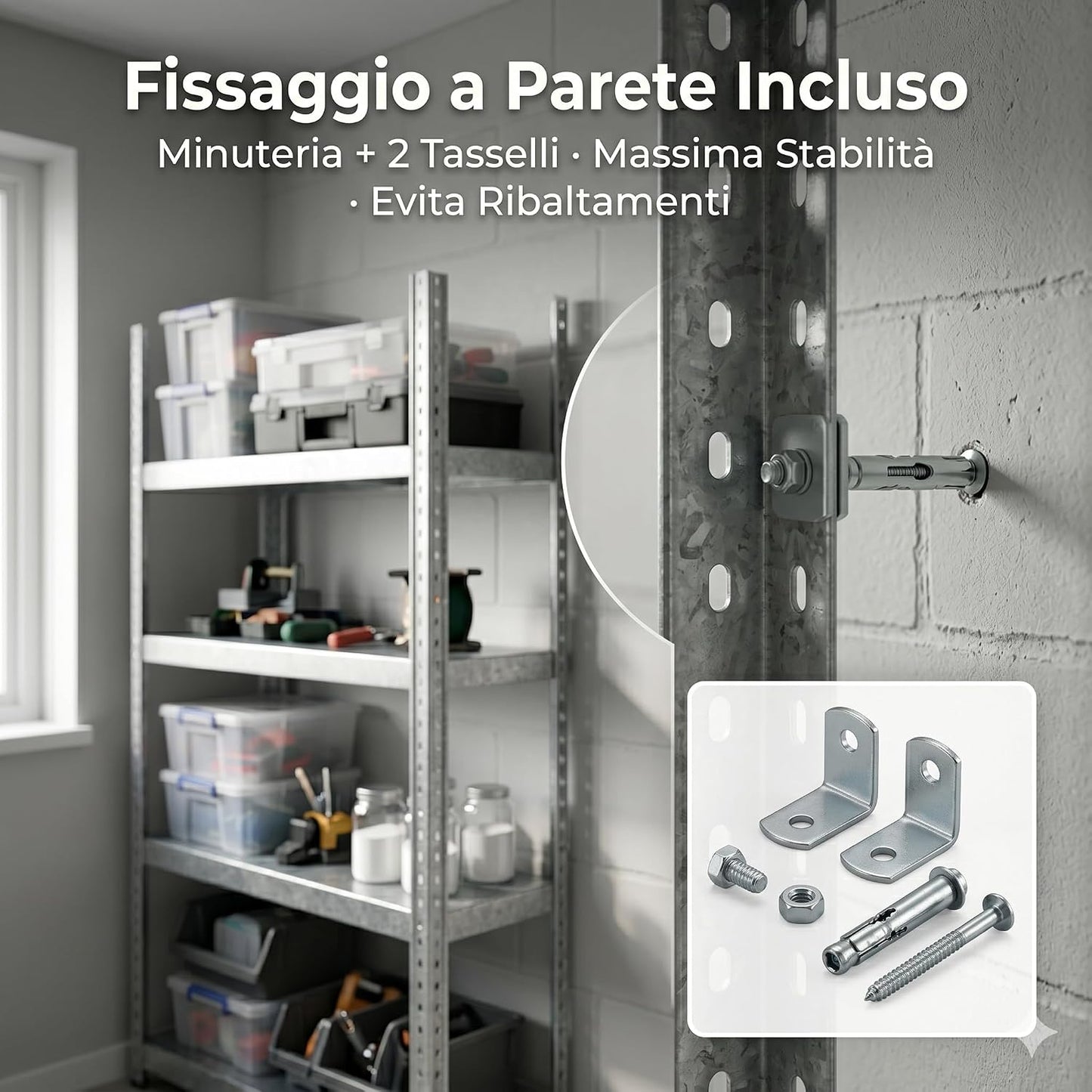 Scaffale in Metallo 4 Ripiani 70x26x127h cm – Scaffalatura in Lamiera Zincata Portata 30 kg per Piano – Scaffale Garage Cantina Magazzino con Fissaggio a Parete Incluso - Lemag srl