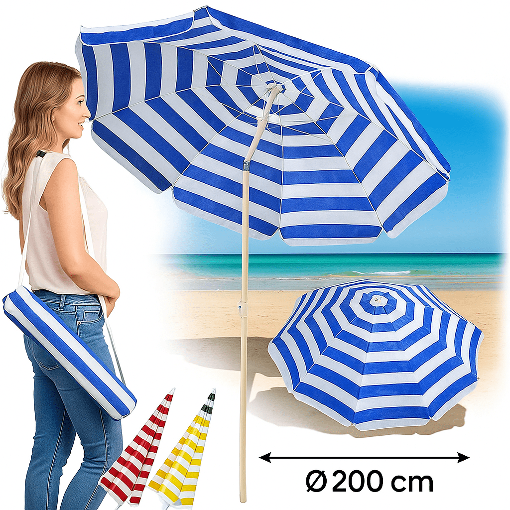 Ombrellone da Spiaggia Tondo Ø200 cm Cotone – Snodo, Custodia, Palo Acciaio - Lemag srl