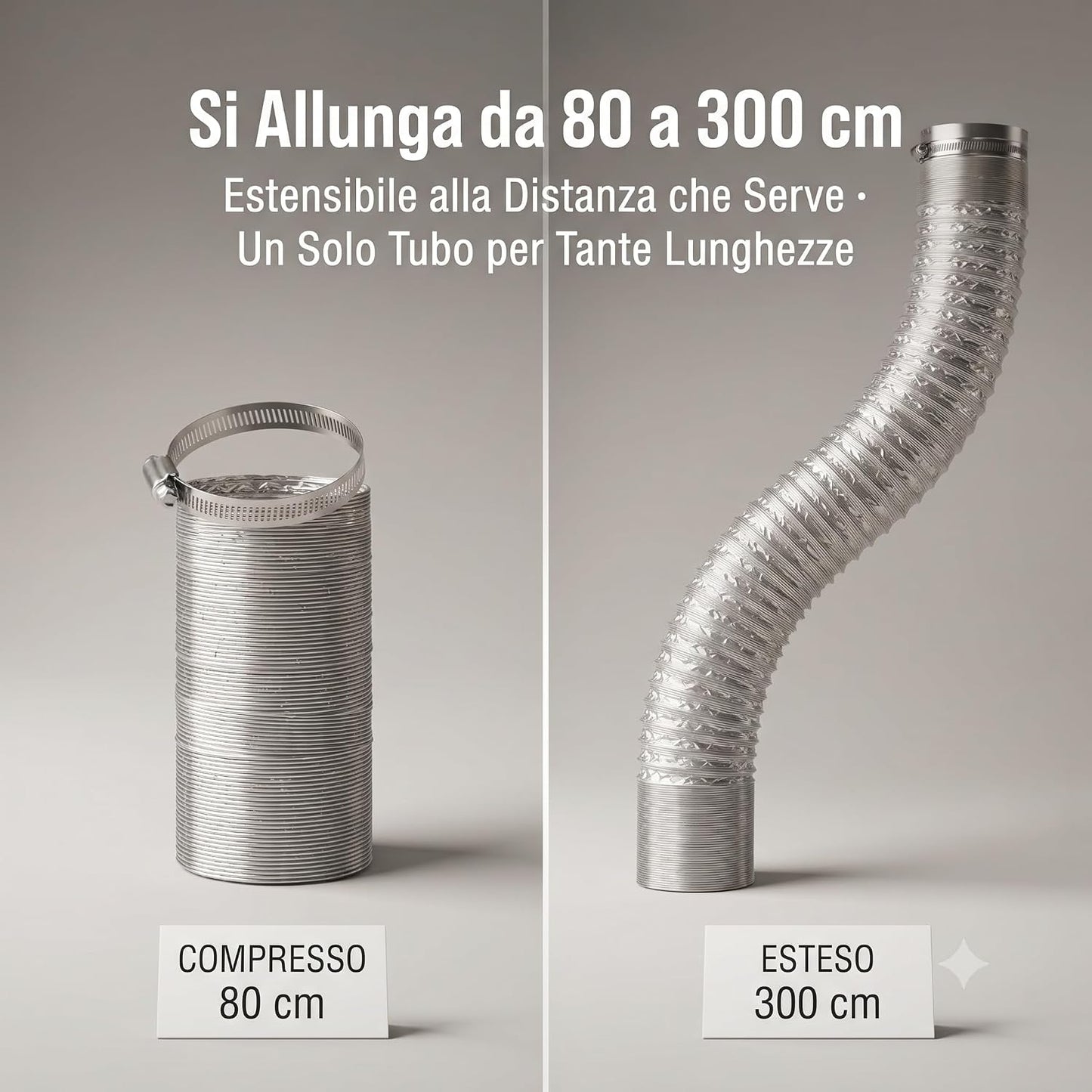 Tubo Estensibile Flessibile per Aerazione con 2 Fascette in Acciaio in Omaggio – Tubo Flessibile per Cappe Aeratori e Ventilazione da 80 a 300 cm – Vari Diametri – per Aspirazione e Sfiato - Lemag srl