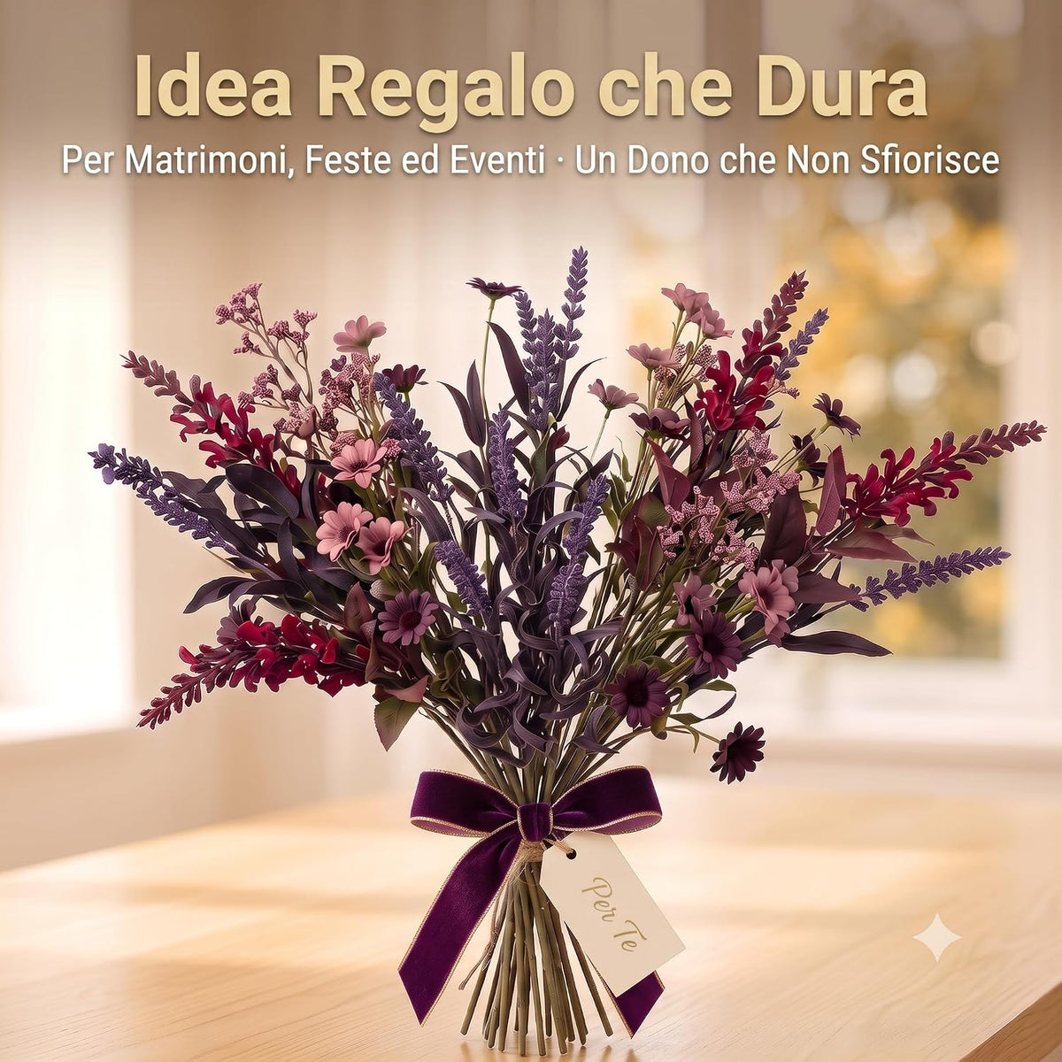 Elegante mazzo di fiori artificiali rosa, bordeaux e lilla con nastro viola, ideale come idea regalo per matrimoni ed eventi.