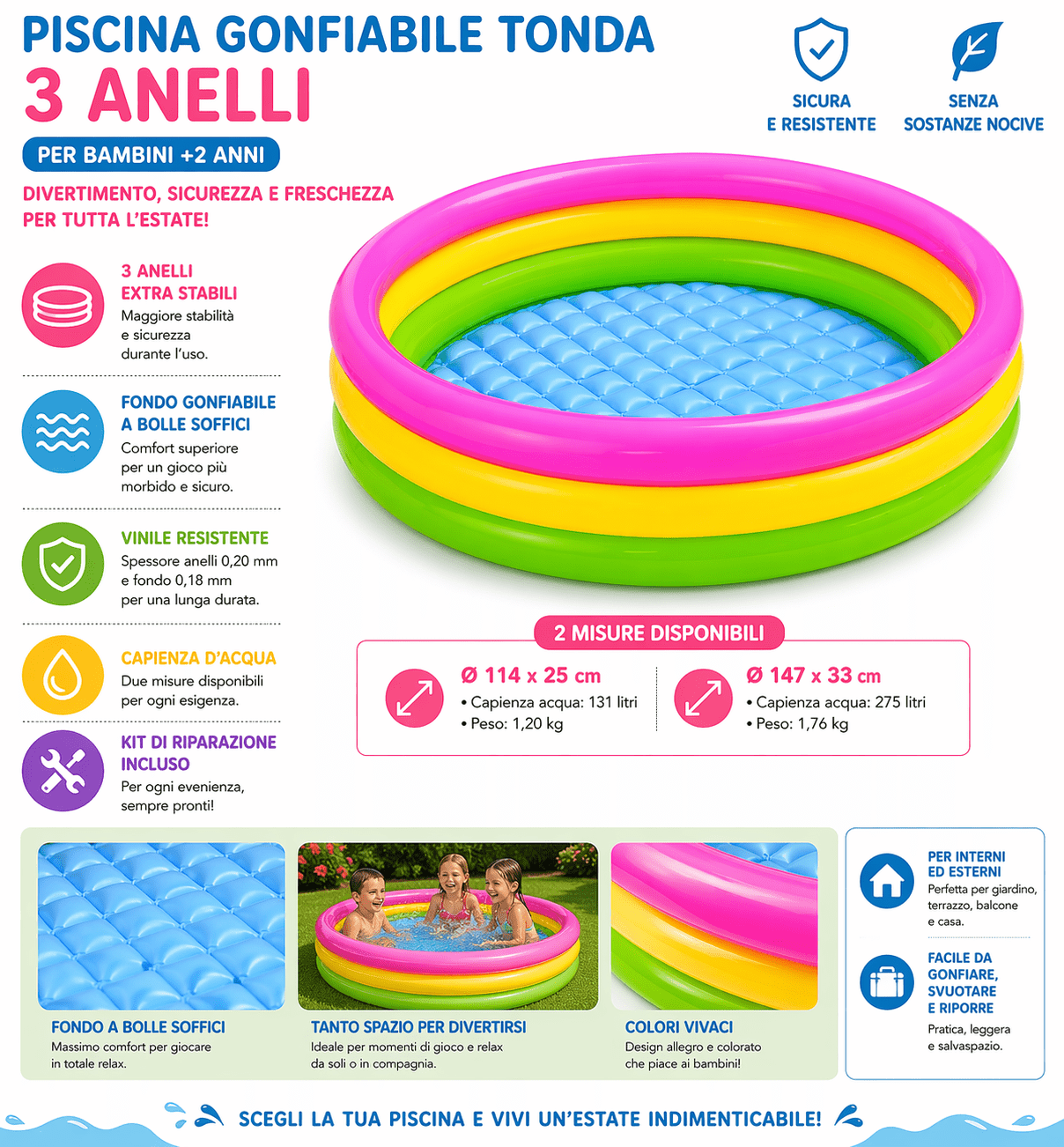 Piscina Gonfiabile Tonda 3 Anelli Bambini +2 Anni - Lemag srl