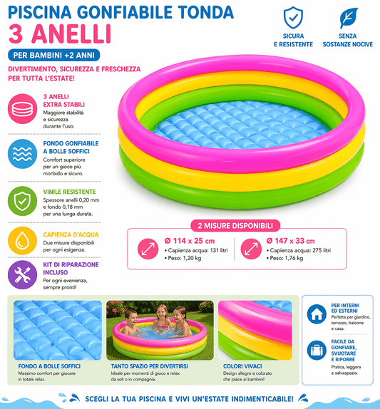 Piscina Gonfiabile Tonda 3 Anelli Bambini +2 Anni - Lemag srl