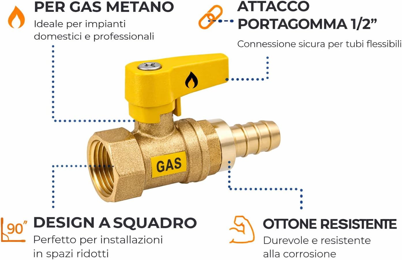 Rubinetto a Squadro Portagomma Gas Metano 1/2” Ottone Attacco Tubo Flessibile Valvola Sicurezza Impianti Gas - Lemag srl