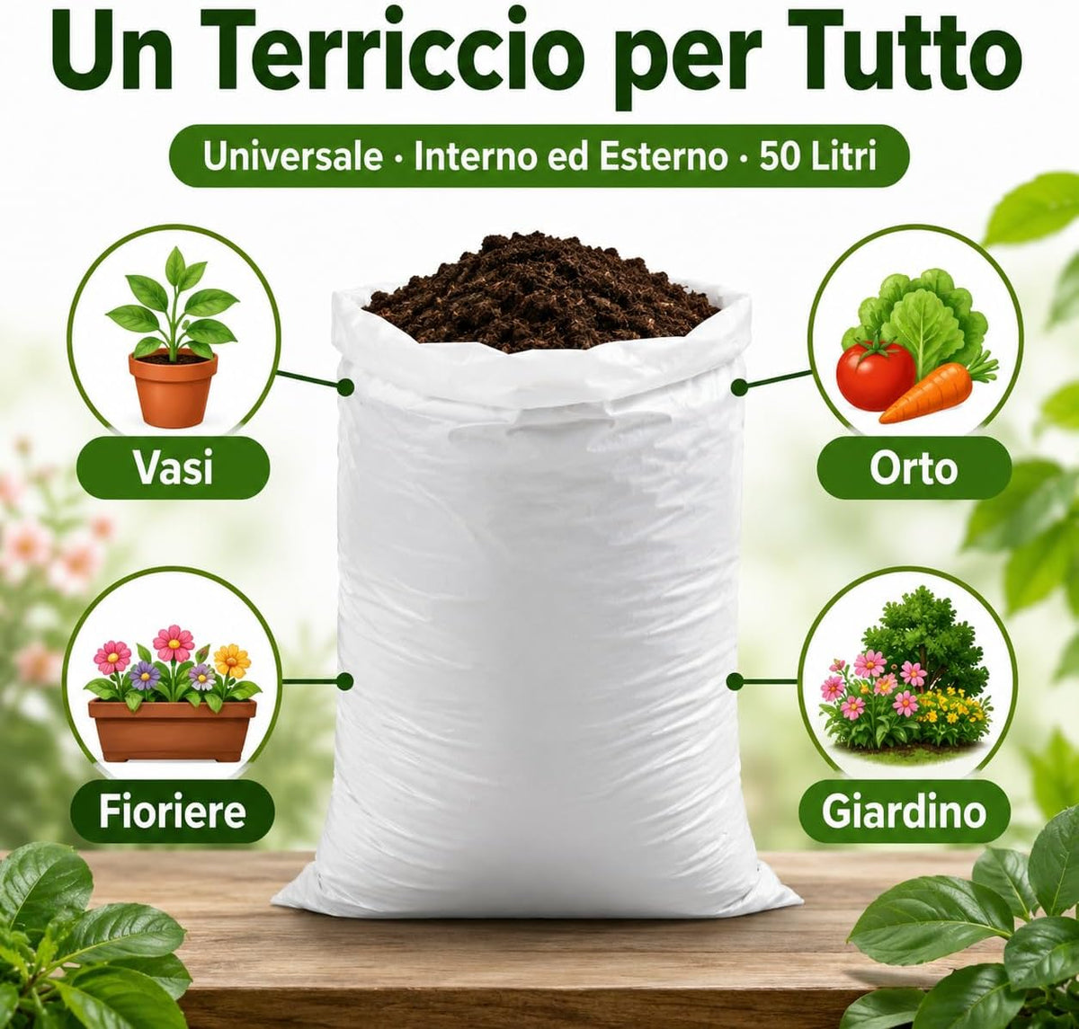 Terriccio universale Geoplus 50 litri per orto, giardino e vasi – per ortaggi e piante da fiore