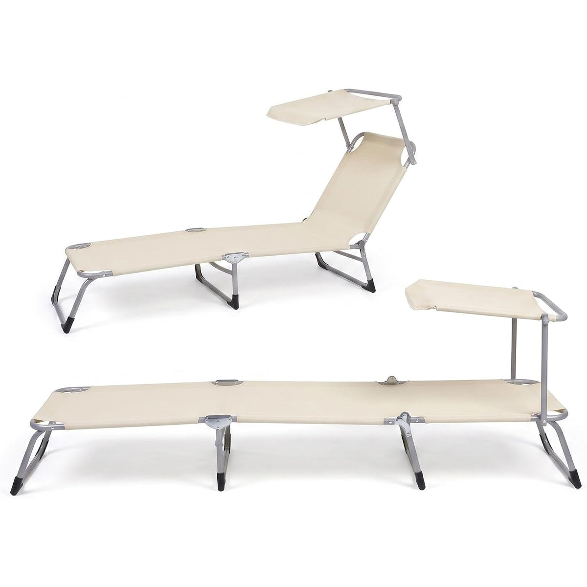 Set di 2 lettini da mare con parasole in textilene beige per spiaggia, bordo piscina e giardino.