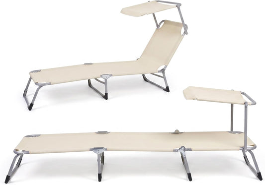 Pratico set 2 lettini da mare con parasole in textilene beige per il massimo relax in spiaggia e piscina.