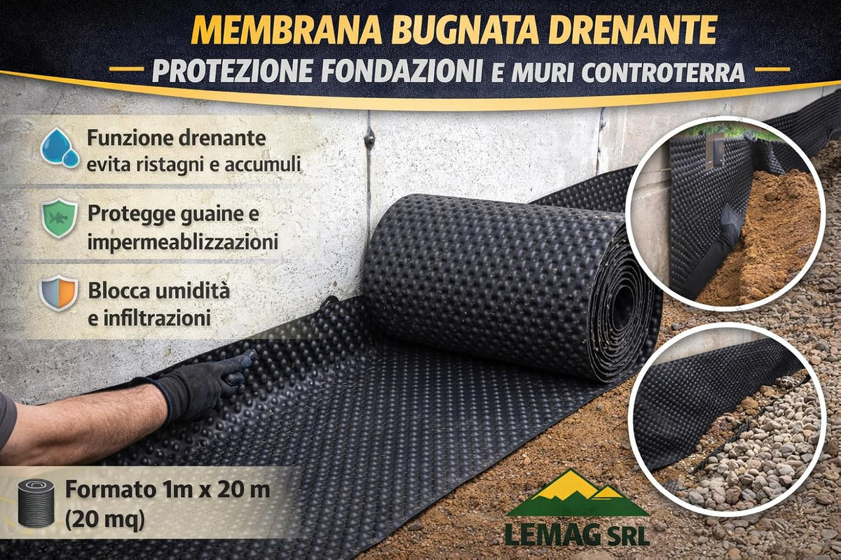 Membrana Bugnata Drenante 1m x 20m (20 mq) – Guaina HDPE per Protezione Fondazioni e Muri Controterra, Drenaggio e Barriera Umidità, Alta Resistenza - Lemag srl