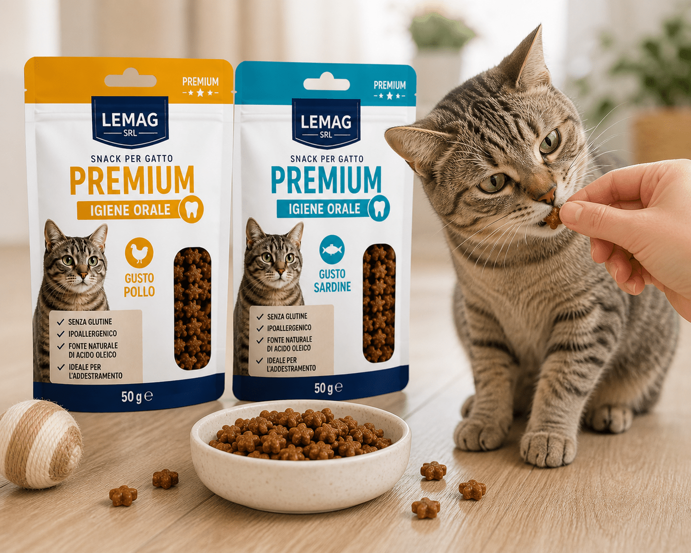 Snack per Gatto Premium 50g Igiene Orale Gusto Pollo o Sardine Senza Glutine Ipoallergenico - Lemag srl