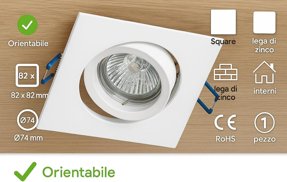 Porta Faretto Orientabile da Incasso Quadrato 82x82 mm – Foro Ø74 mm – Bianco – Lega di Zinco – Per Lampade GU10/MR16 – Interno – CE RoHS - Lemag srl