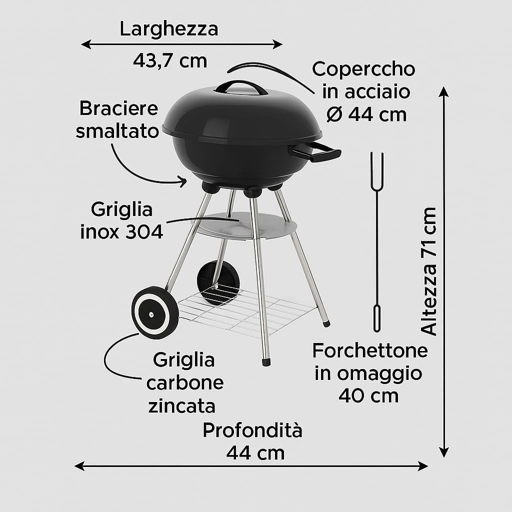 Barbecue a Carbone Miami Ø 44 cm – Acciaio Smaltato con Griglia Inox - Lemag srl