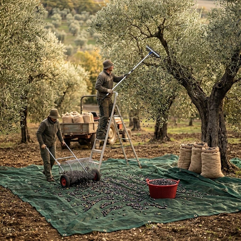 Agricoltori al lavoro nell'oliveto con il kit raccolta olive comprensivo di rete antispina, scopa telescopica e raccoglitore.