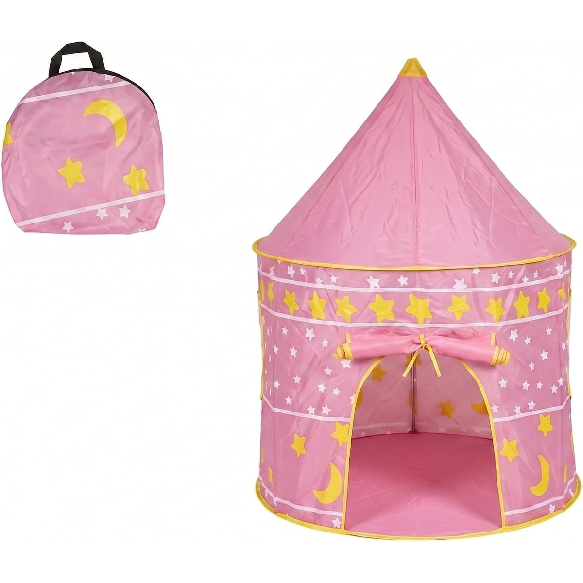 Tenda gioco per bambini pieghevole di colore rosa con stelle e luna, dotata di borsa per il trasporto.