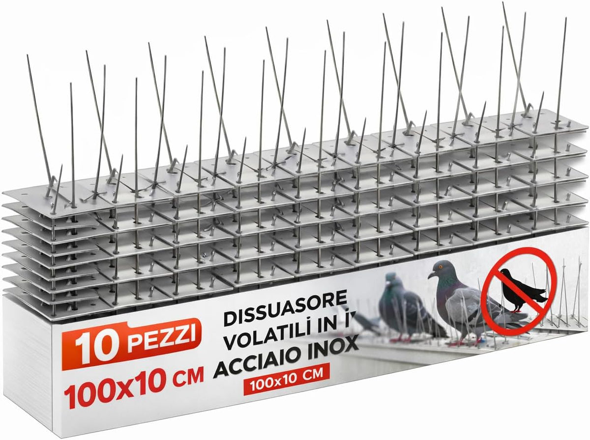 Dissuasore Volatili Acciaio Inox 100x10 cm Set 10 Pezzi Spuntoni Anti Piccioni per Cornicioni Davanzali Facciate Base Flessibile LEMAG SRL - Lemag srl