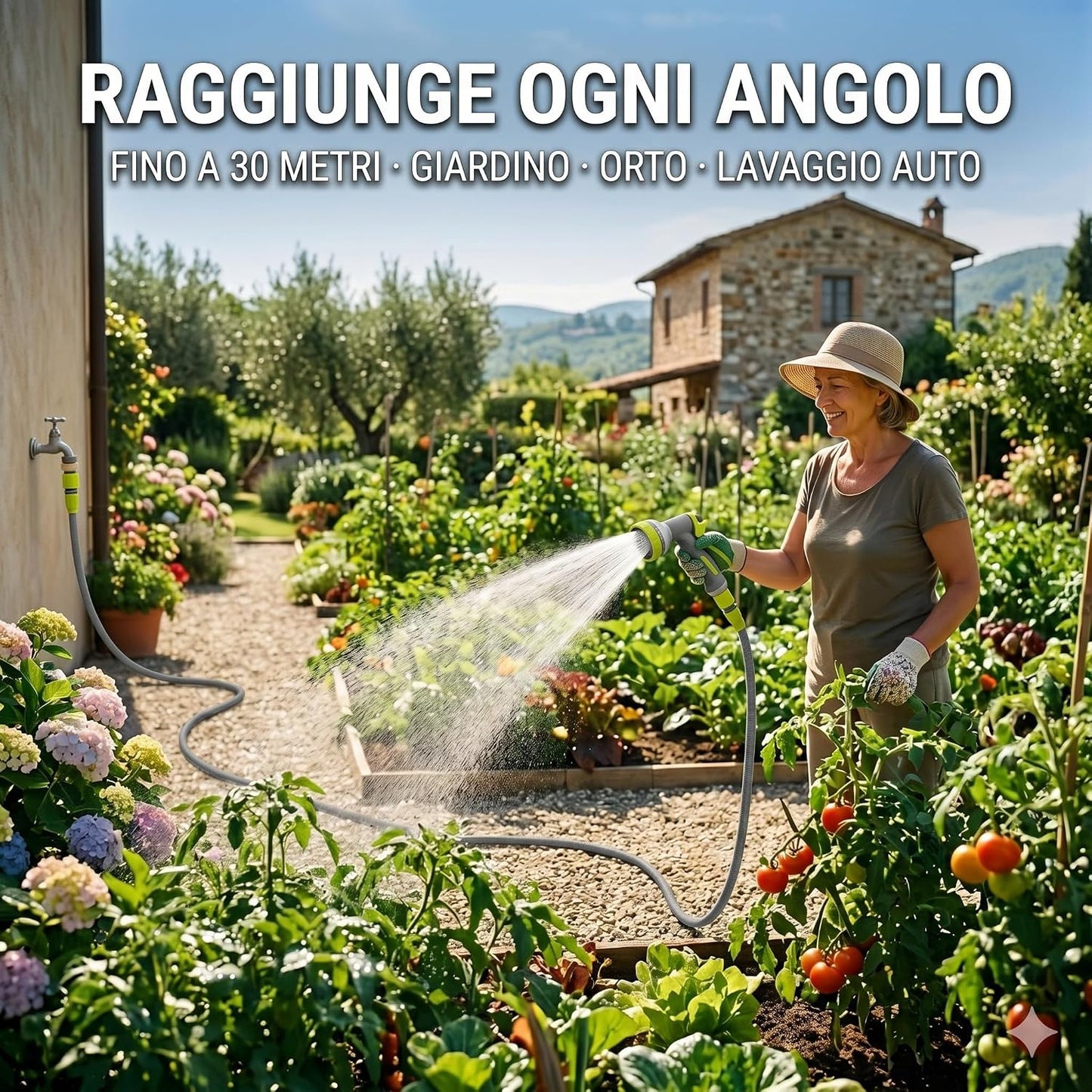 Tubo Estensibile da Giardino Professionale 10-30 m con Pistola 10 Getti – Canna Acqua in Poliestere Stabilizzato UV e Lattice Antitorsione – Raccordi 1/2" Acquastop e 3/4" - Lemag srl