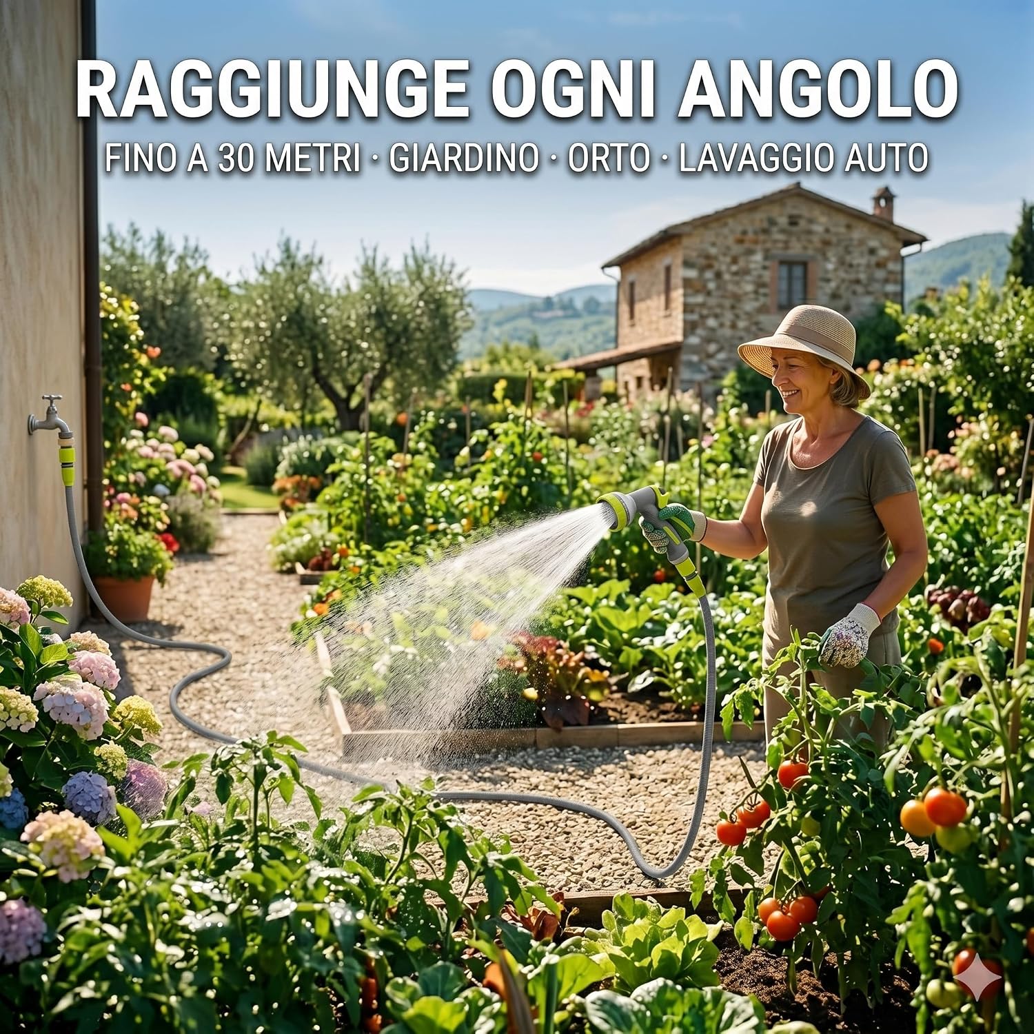 Tubo Estensibile da Giardino Professionale 10-30 m con Pistola 10 Getti – Canna Acqua in Poliestere Stabilizzato UV e Lattice Antitorsione – Raccordi 1/2" Acquastop e 3/4" - Lemag srl