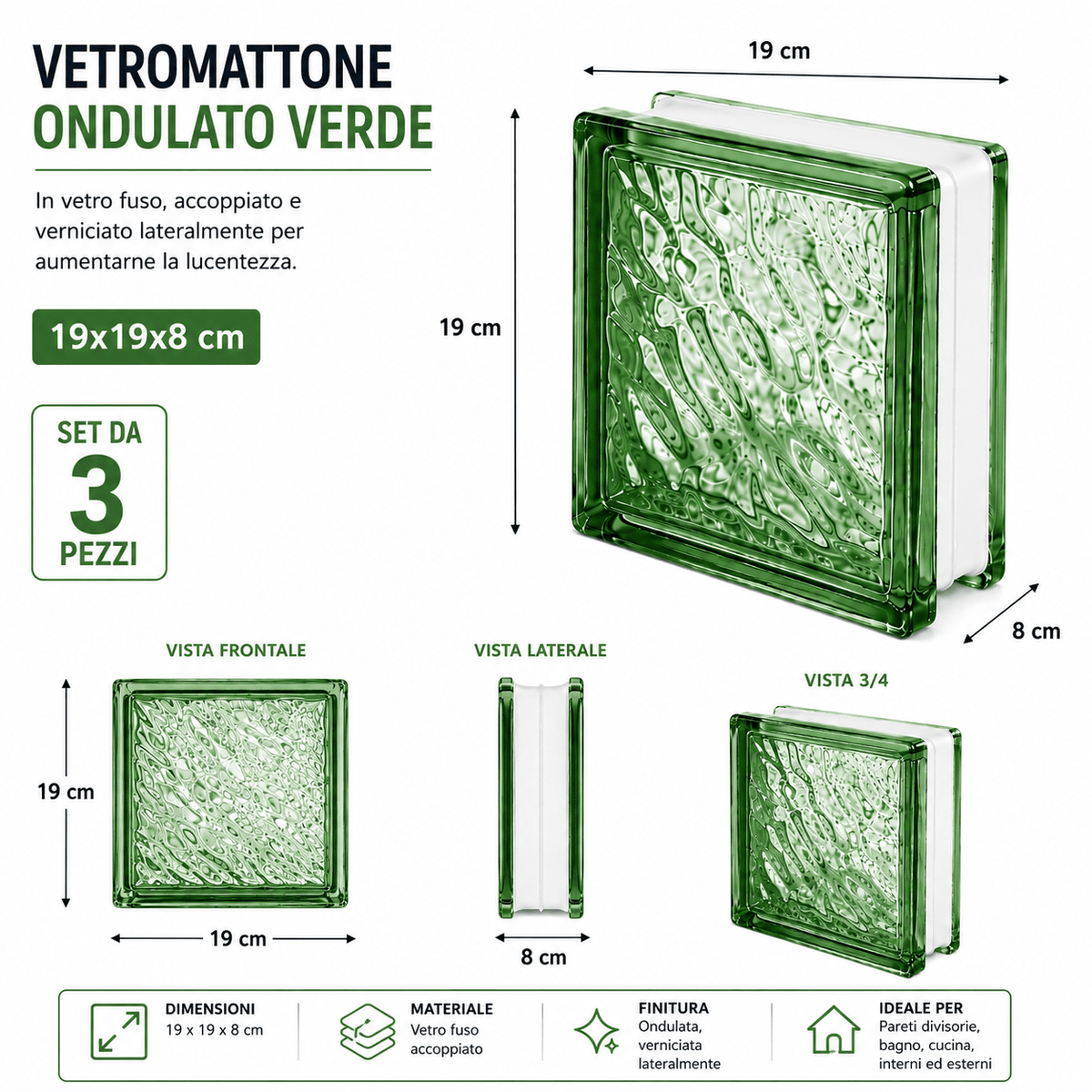 Vetromattone verde ondulato 19x19x8 cm in set da 3 pezzi per pareti divisorie di bagno e cucina.