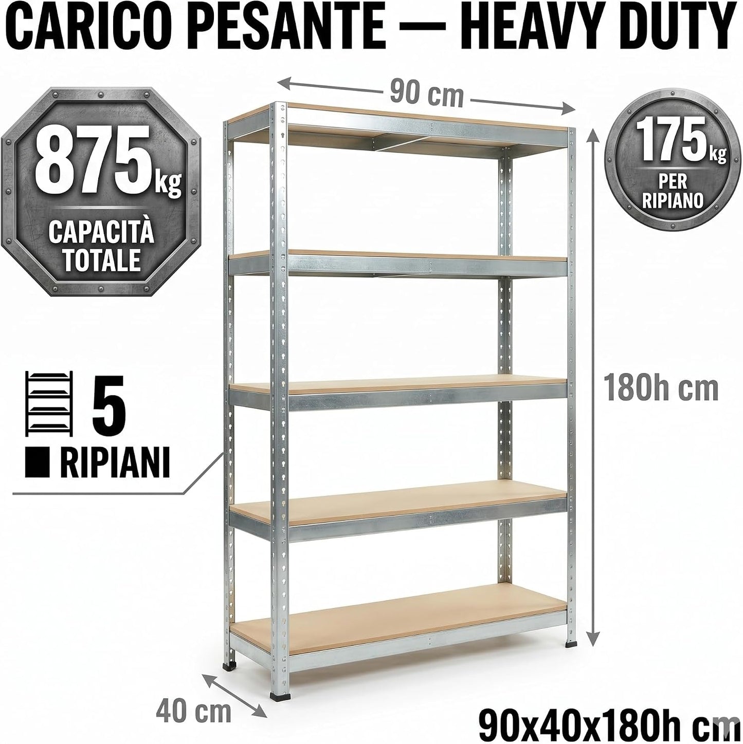 Scaffale Metallo 5 Ripiani 90x40x180h cm – Portata 875 kg Carico Pesante – Scaffalatura Zincata Heavy Duty Montaggio a Incastro Senza Bulloni per Garage Magazzino Cantina - Lemag srl