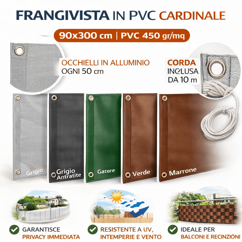 Frangivista PVC Cardinale 90x300 cm con Occhielli e Corda Privacy Balcone - Lemag srl
