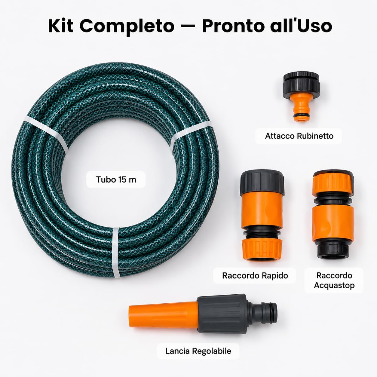 Tubo Irrigazione 1/2" 15 m – Tubo da Giardino Completo con Raccordi Rapidi Acquastop Attacco Rubinetto e Lancia a Getto Regolabile – Pronto all'Uso per Orto e Giardino - Lemag srl