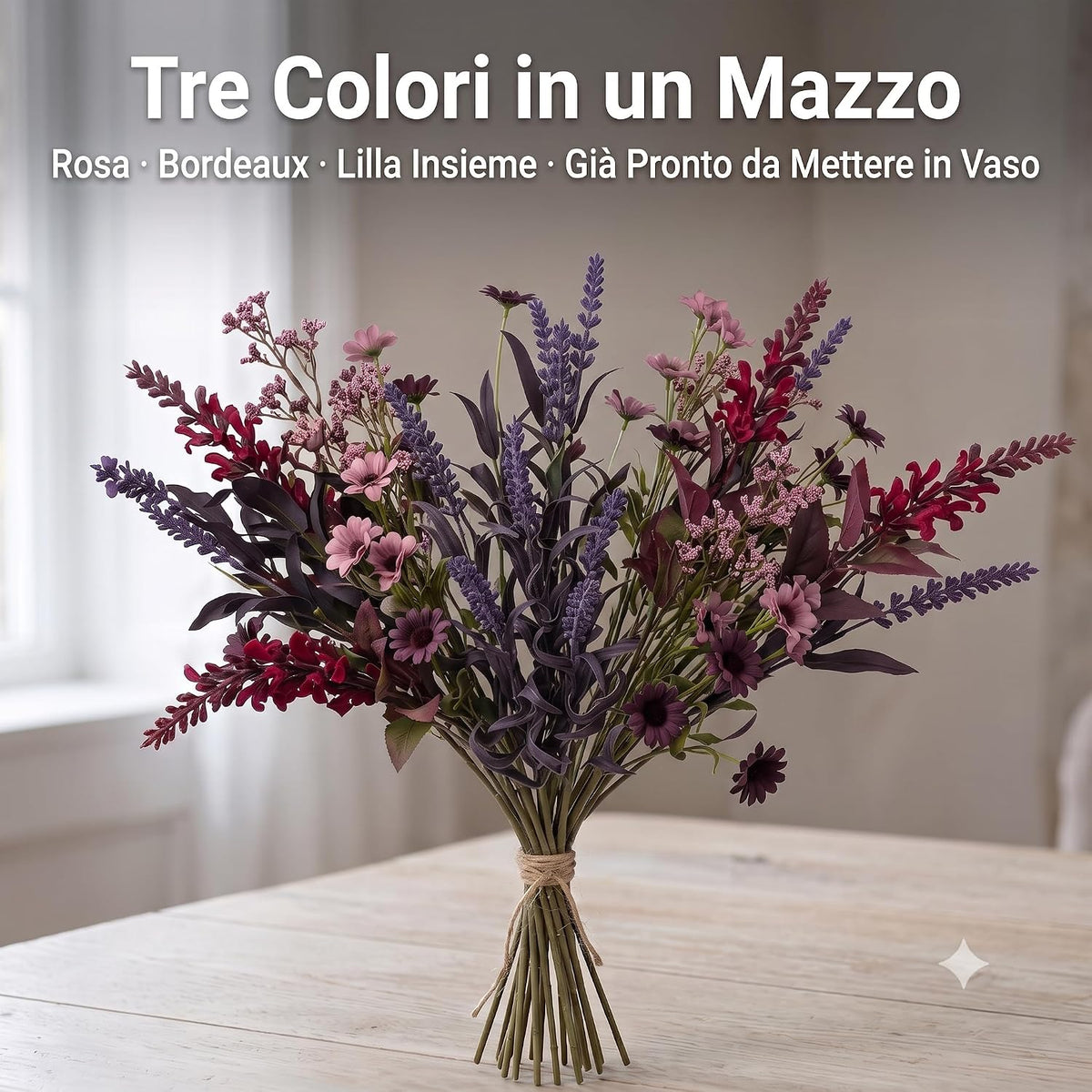 Un mazzo di fiori artificiali color rosa, bordeaux e lilla pronto per il vaso, ideale come bouquet decorativo per interni.