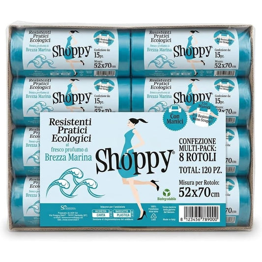 Scatola di sacchi spazzatura profumati 30 litri Shoppy, confezione multi-pack da 120 pezzi con manici alla brezza marina.
